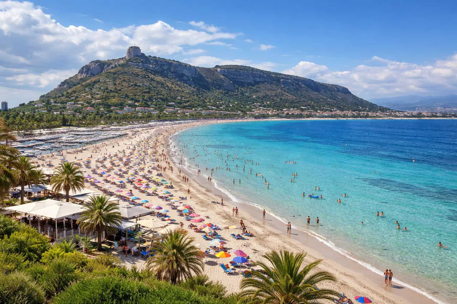 Cagliari Poetto Beach coastline with turquoise water and sandy shore in Sardinia, Italy