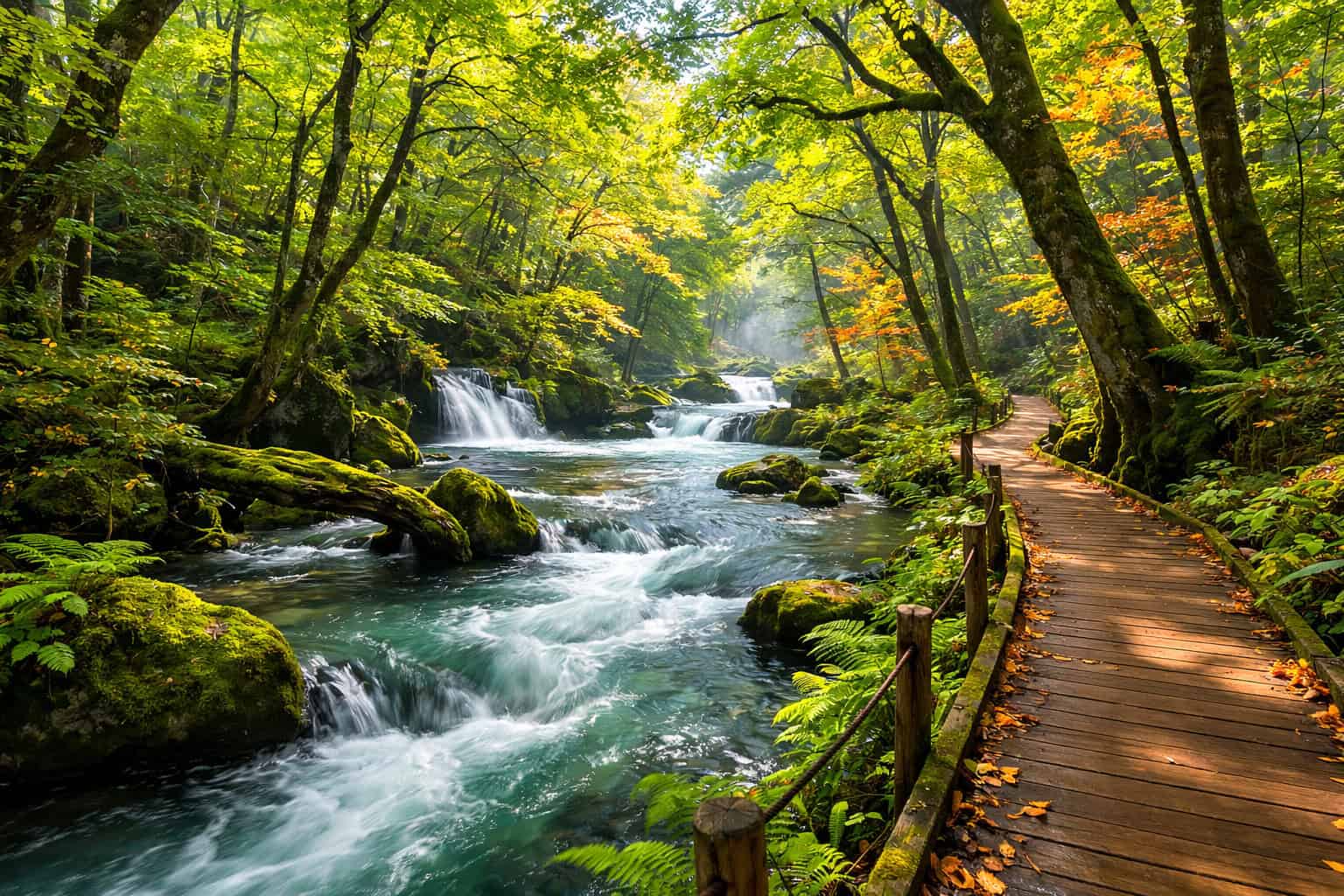 Oirase Gorge stream and forest walking trail in Aomori Japan with mossy rocks and small waterfalls
