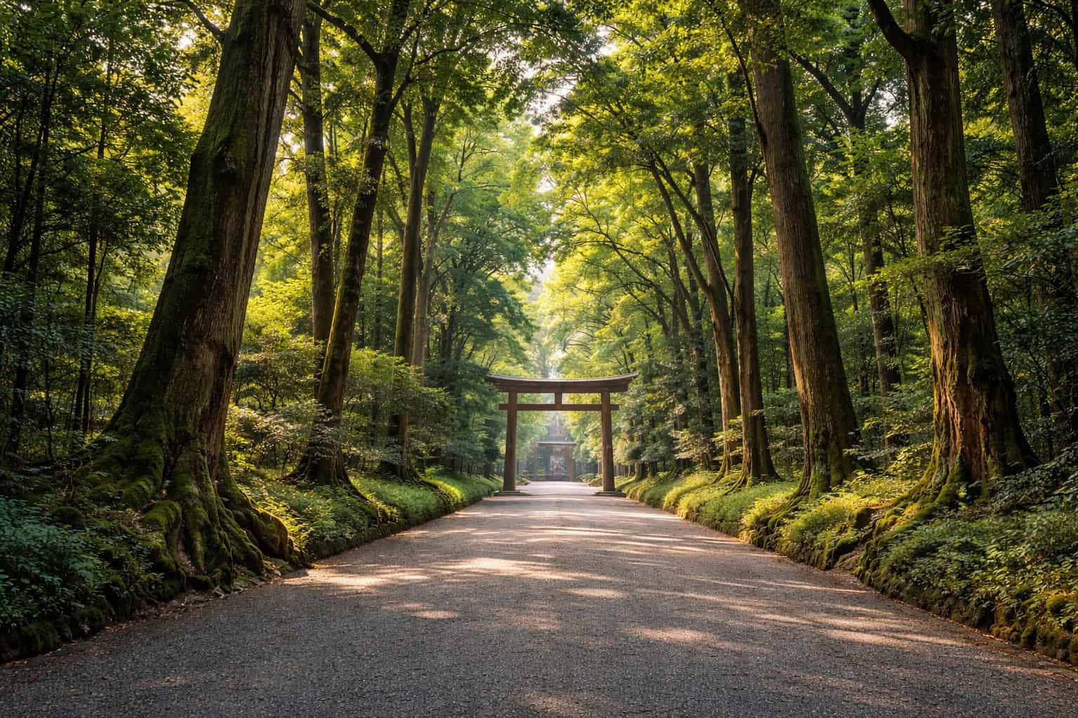 Meiji Jingu Shrine Tokyo forest path with towering cedar trees and torii gate