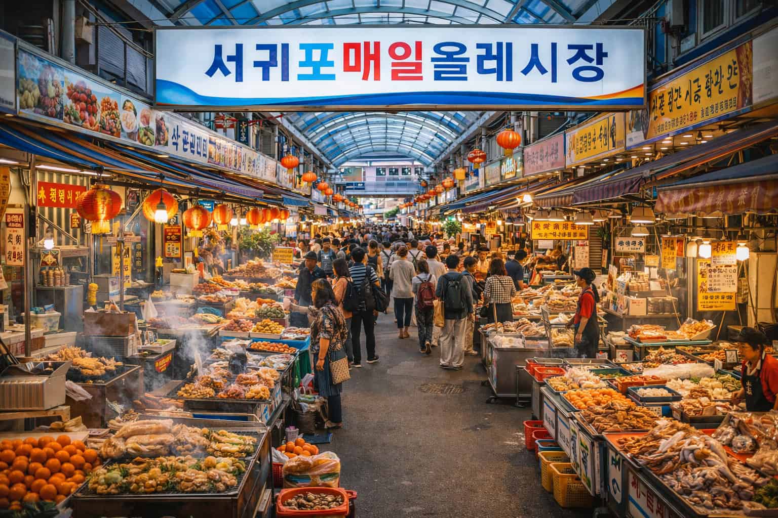 Seogwipo Maeil Olle Market traditional food stalls and seafood vendors in Seogwipo Jeju Island South Korea