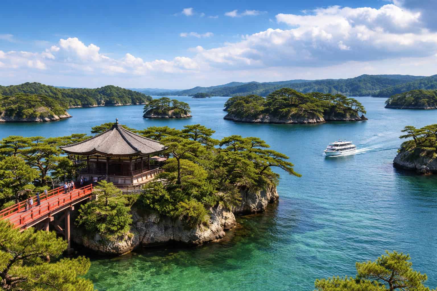 Matsushima Bay scenic islands with pine trees and Godaido Temple Miyagi Japan