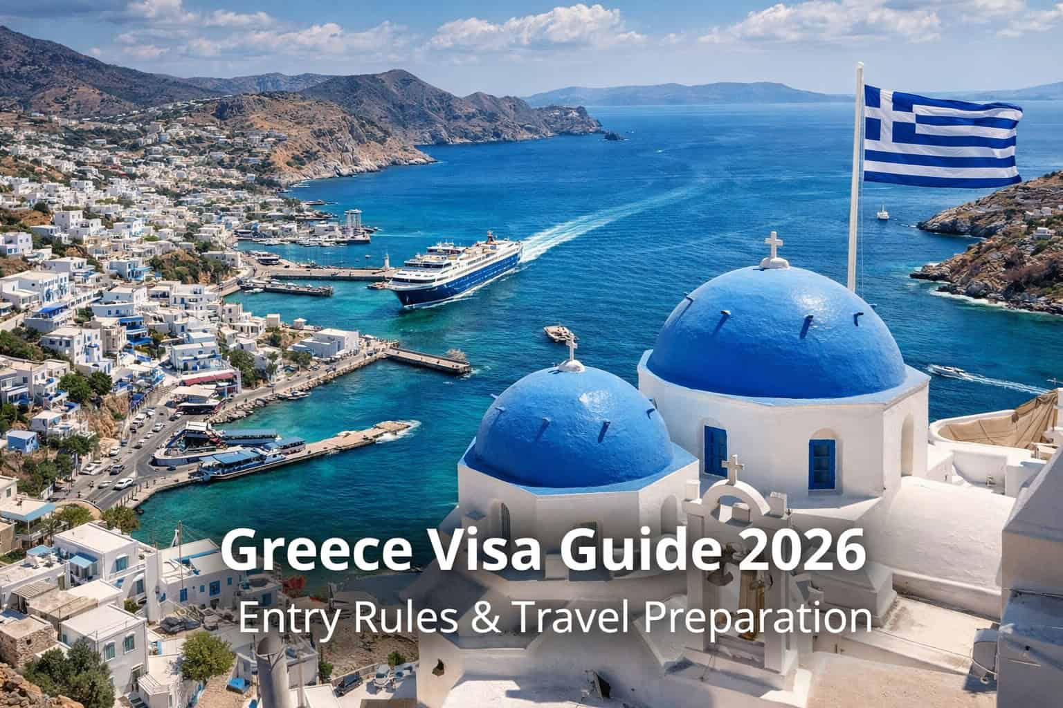 Greece coastal village with blue dome churches and Aegean sea representing Greece visa guide and travel entry information