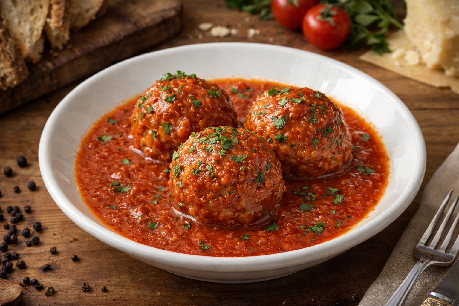 Italian meatballs in tomato sauce served at a traditional Roman trattoria