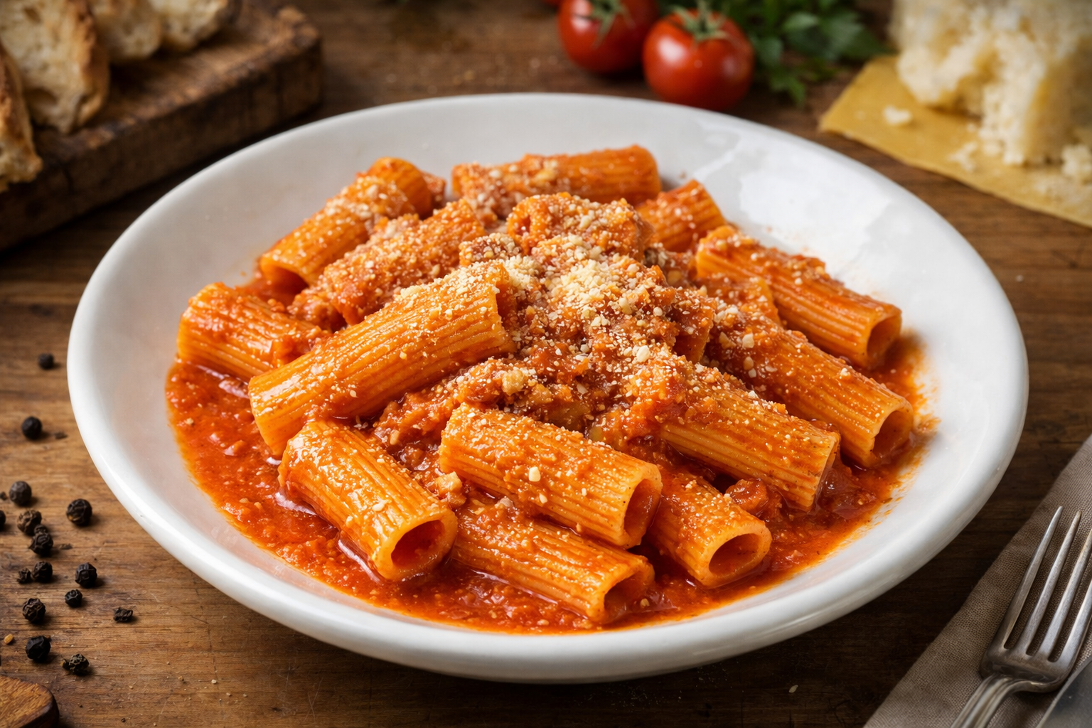 Classic Roman rigatoni all Amatriciana pasta with tomato sauce and pecorino cheese