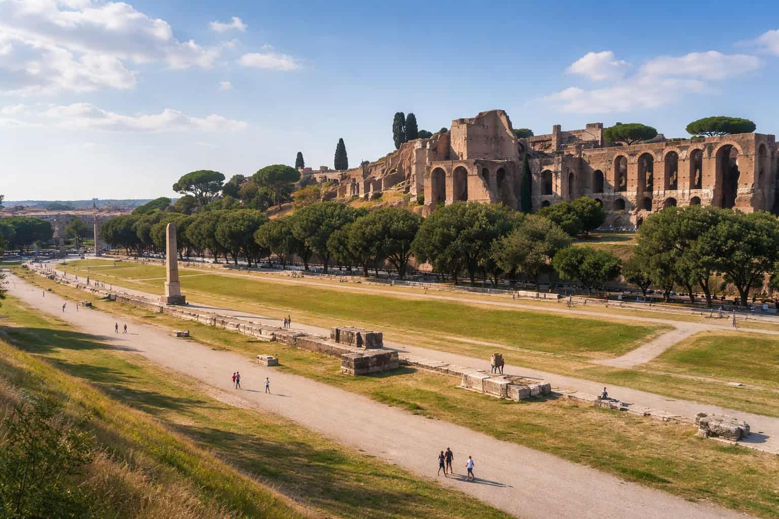 Circus Maximus Rome panoramic view with Palatine Hill ruins and ancient chariot racing arena