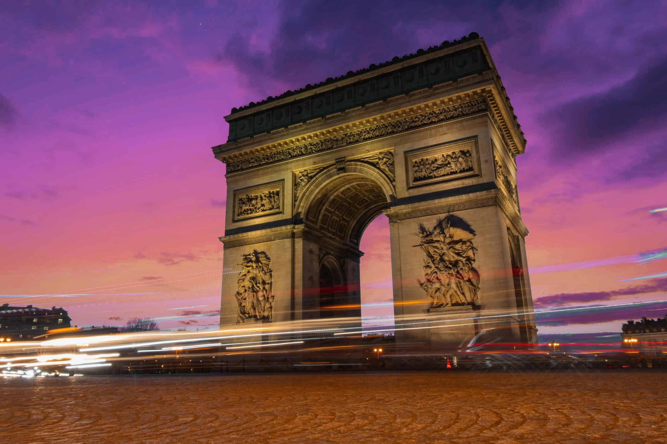 Champs-Élysées Paris Arc de Triomphe night view with light trails