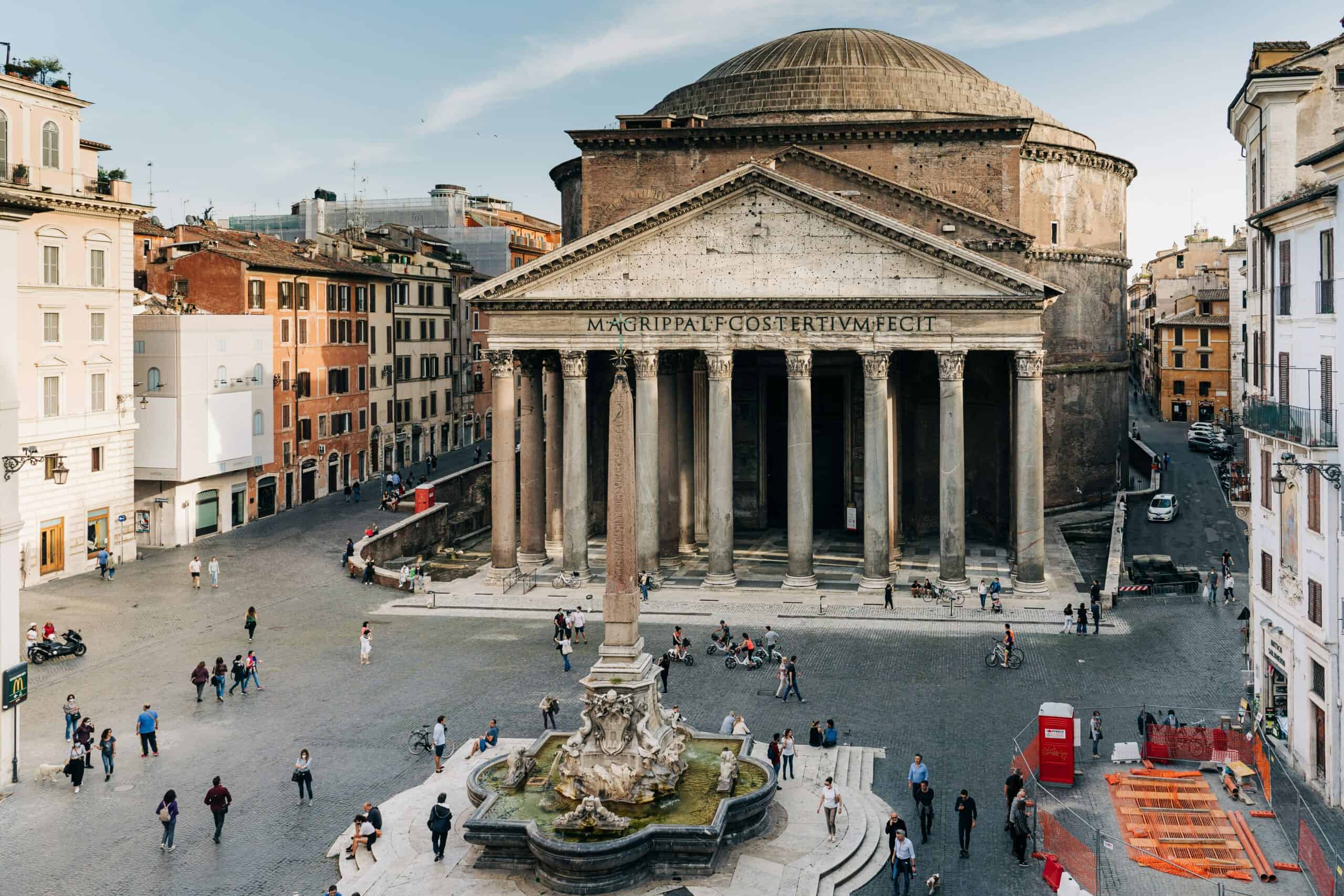 Pantheon Rome exterior view with Piazza della Rotonda fountain and historic buildings