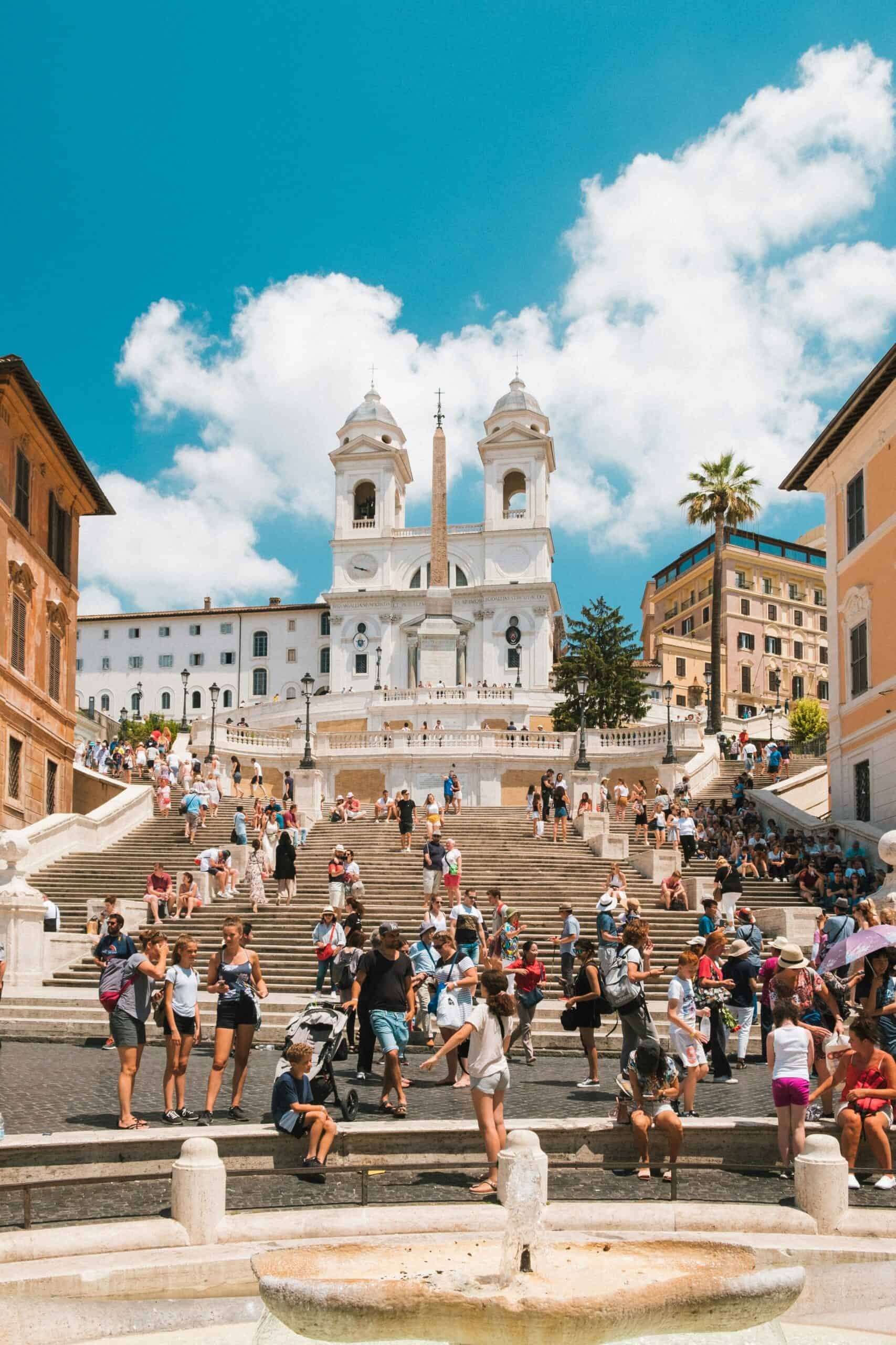 Spanish Steps view from bottom toward Trinita dei Monti Rome crowded staircase perspective
