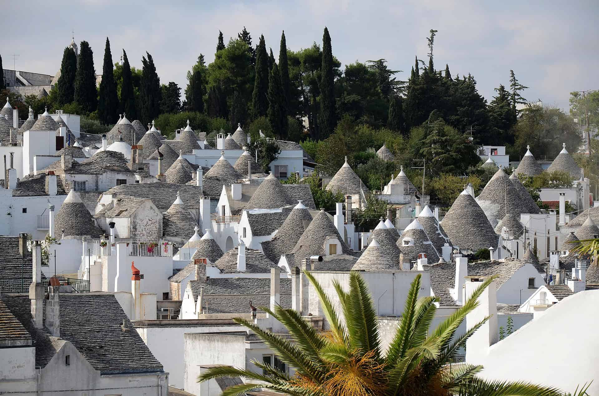 Alberobello Trulli panoramic view of traditional white cone-roof houses in Puglia Italy UNESCO village