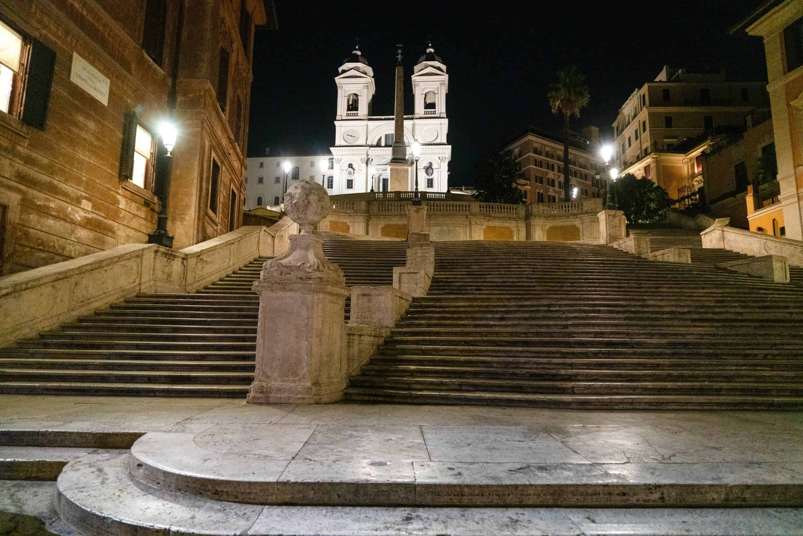 Spanish Steps view at night Rome empty staircase illuminated Trinita dei Monti