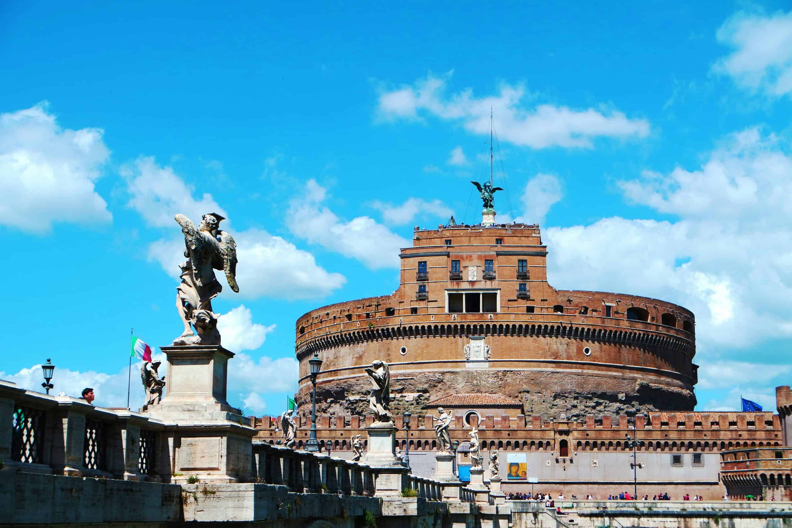 Castel Sant’Angelo Rome with Ponte Sant’Angelo bridge and statue view in Rome Italy