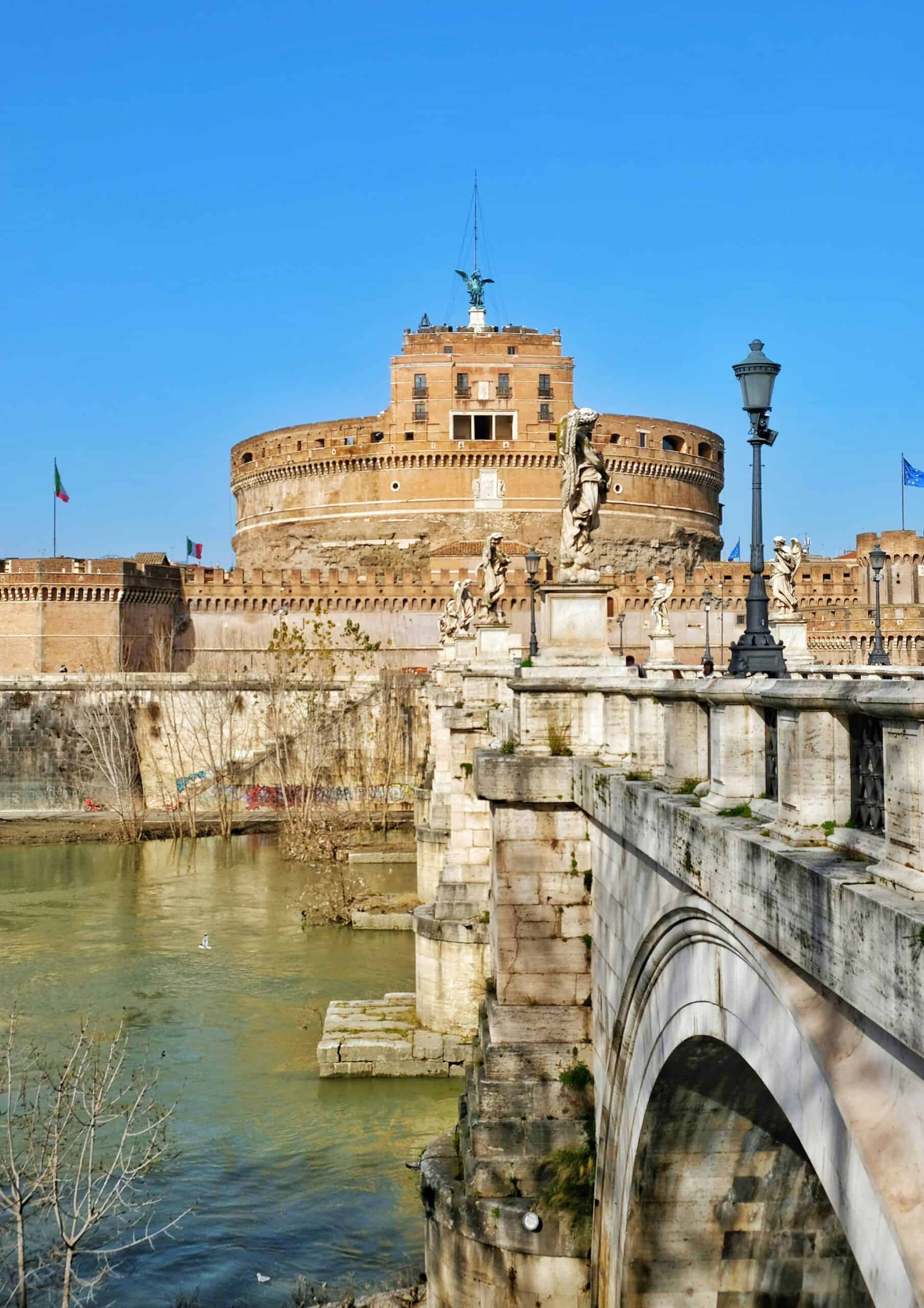 Castel Sant’Angelo Rome view with Ponte Sant’Angelo bridge over the Tiber River
