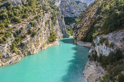Gorges du Verdon canyon with turquoise river and limestone cliffs in Provence France
