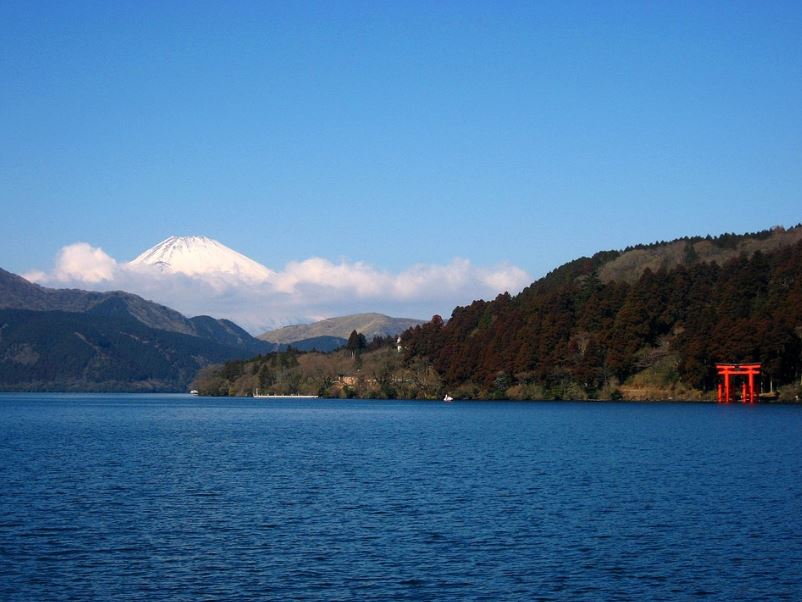 Lake Ashi Hakone with Mount Fuji view and torii gate in Hakone Japan