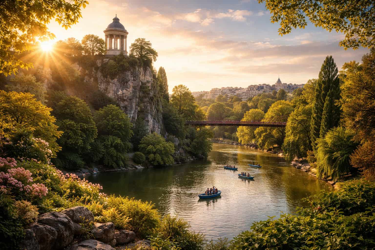 Parc des Buttes-Chaumont in Paris at golden hour with the Temple de la Sibylle overlooking the lake
