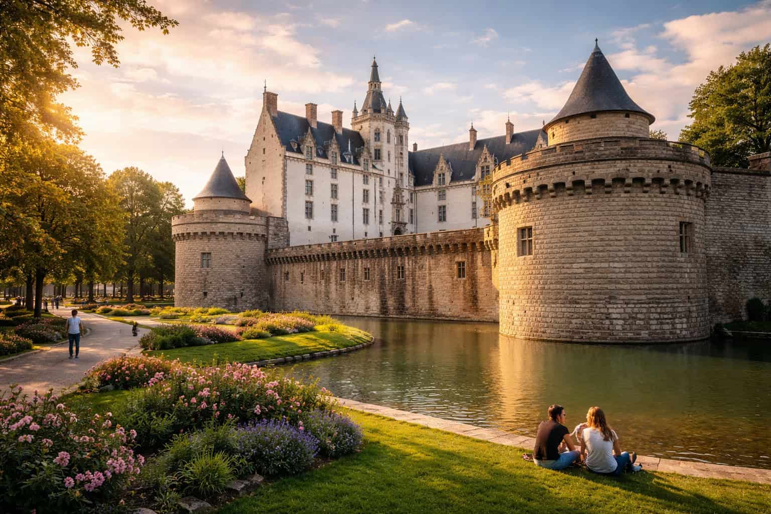 The historic white limestone walls and towers of the Château des Ducs de Bretagne in Nantes, France.
