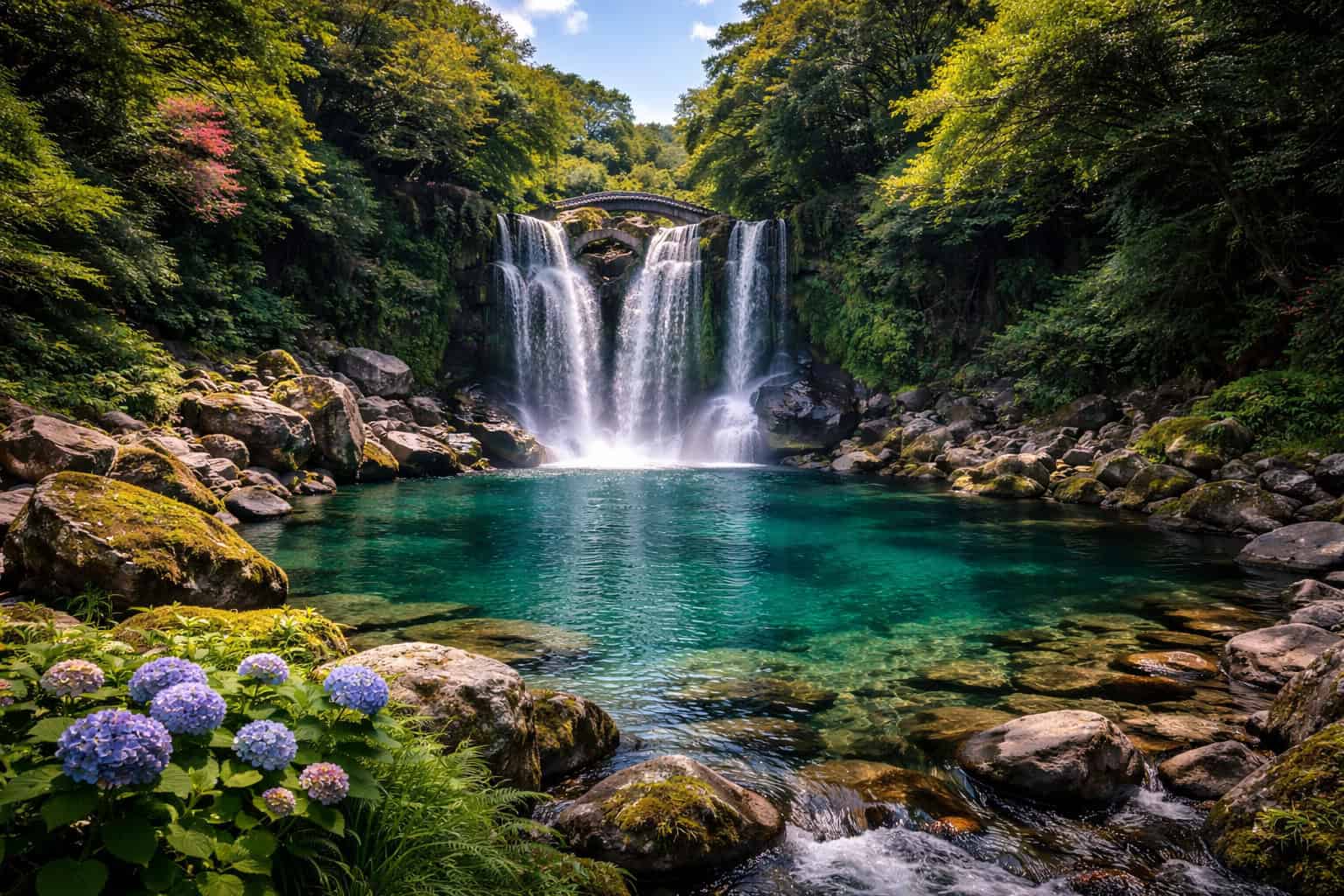 The emerald green pond and lush subtropical forest surrounding Cheonjeyeon Waterfall in Seogwipo, Jeju Island.