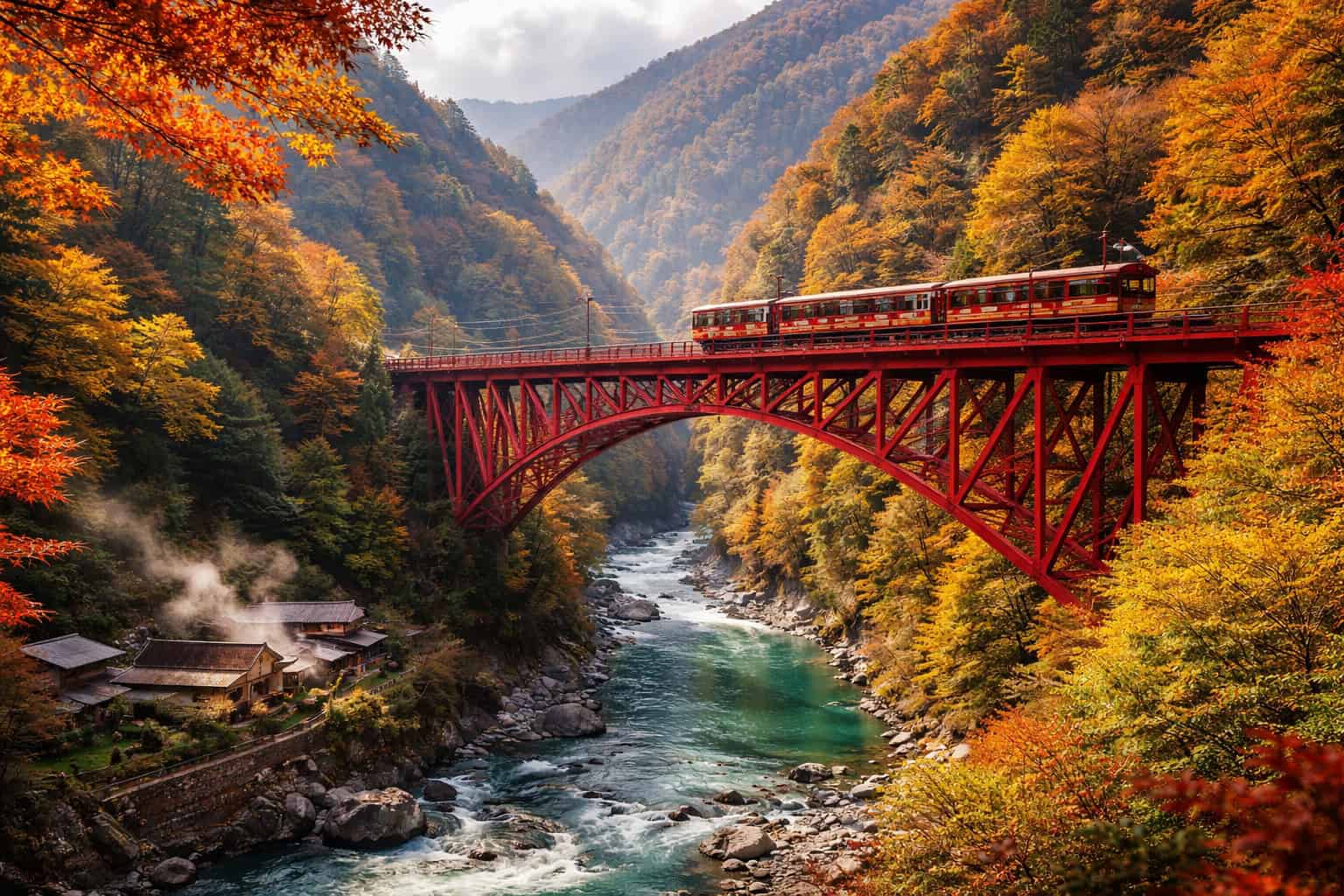 Autumn view of Kurobe Gorge in Japan with a red railway bridge crossing turquoise river surrounded by colorful fall foliage.