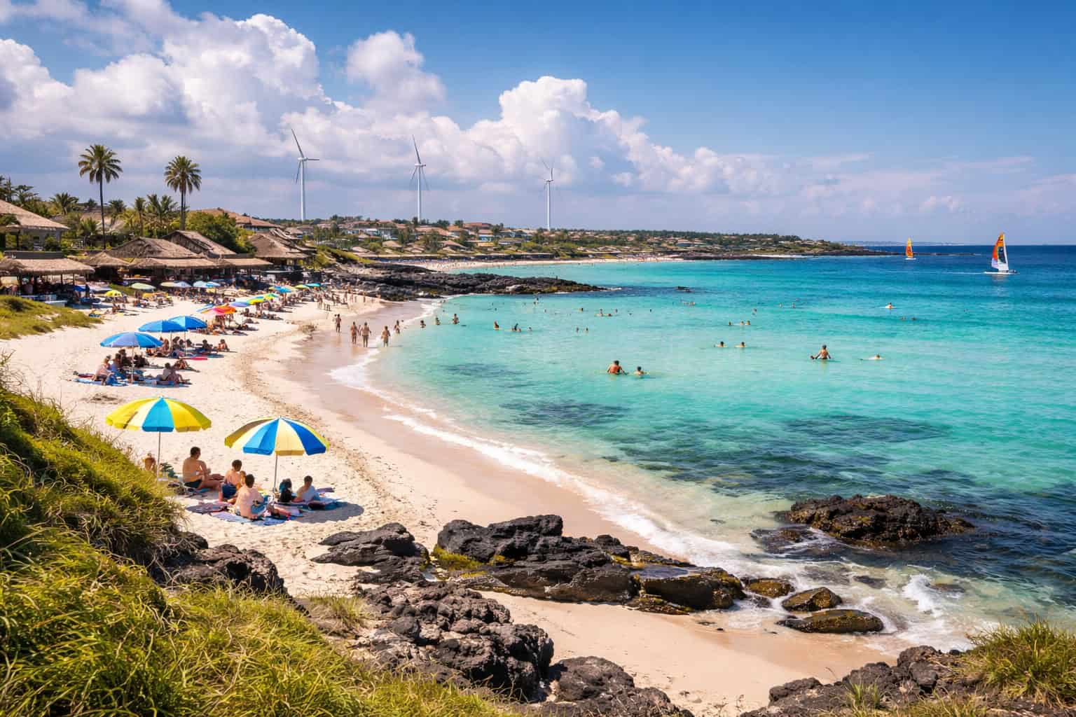 Turquoise beach coastline with umbrellas and swimmers under a clear blue sky
