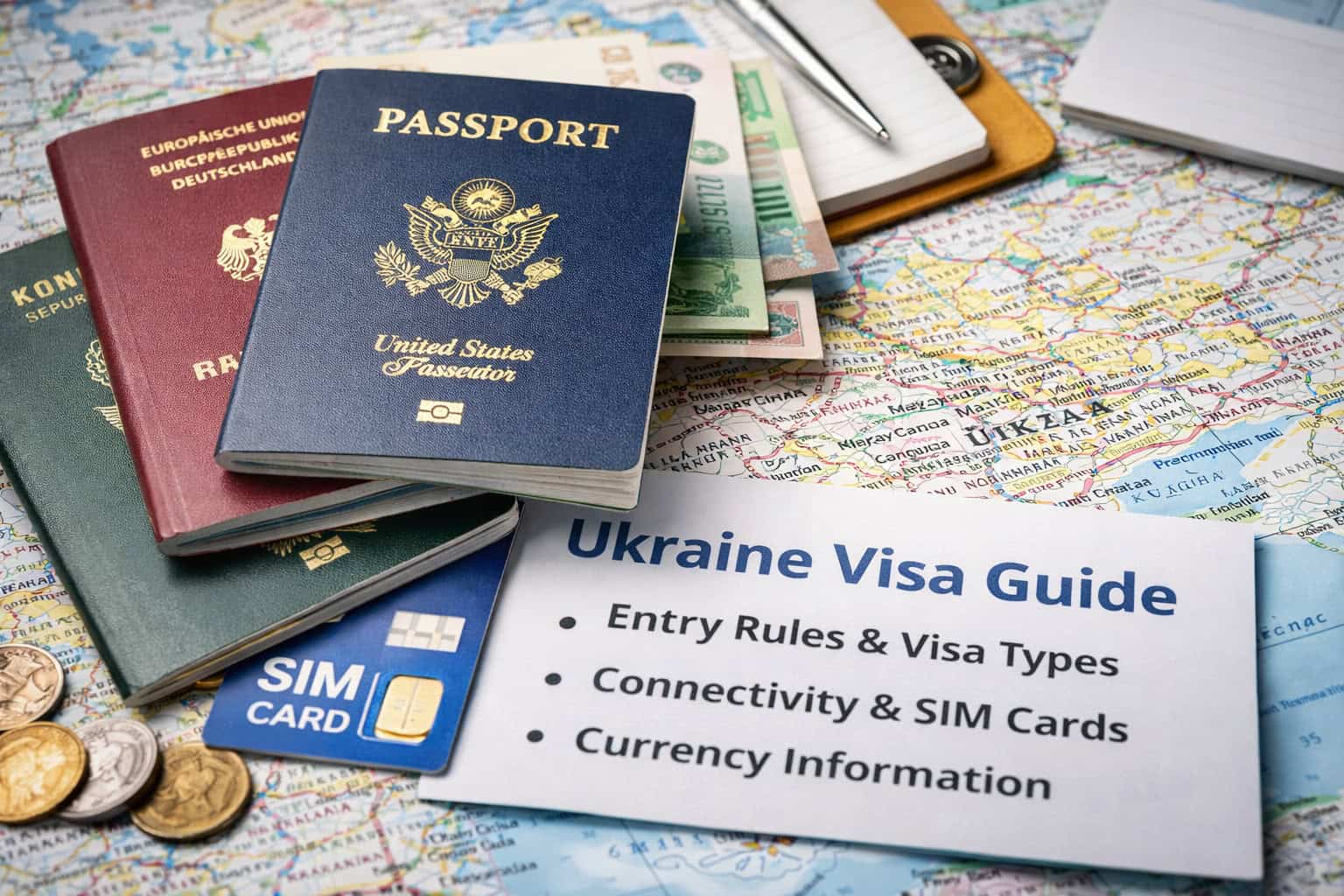 Ukraine visa and entry requirements flat lay with passport, SIM card and Ukrainian hryvnia on travel map