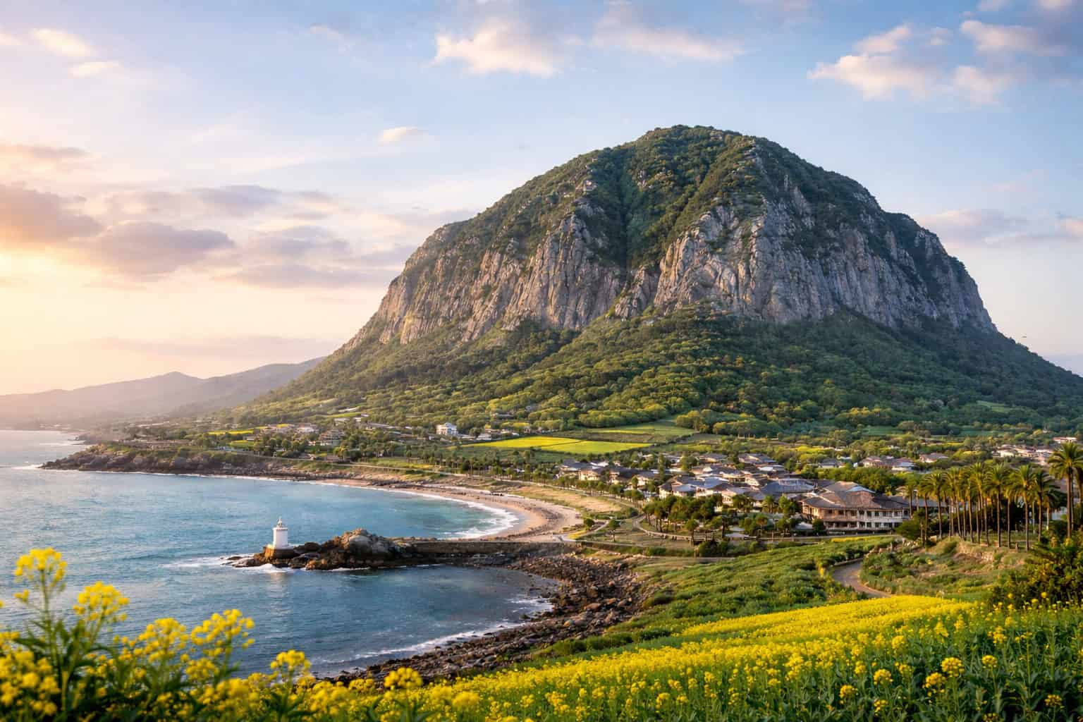 Alt Text: Sanbangsan volcanic dome rising above the coastline in Seogwipo, Jeju Island, South Korea Title: Sanbangsan Area in Seogwipo – Jeju’s Mystical Volcanic Dome Caption: A breathtaking view of Sanbangsan, one of Jeju Island’s most iconic volcanic landmarks. Description: Sanbangsan is a sacred volcanic dome in Seogwipo, Jeju Island, famous for its dramatic coastal scenery, spring canola fields, and the spiritual Sanbanggulsa Grotto temple.