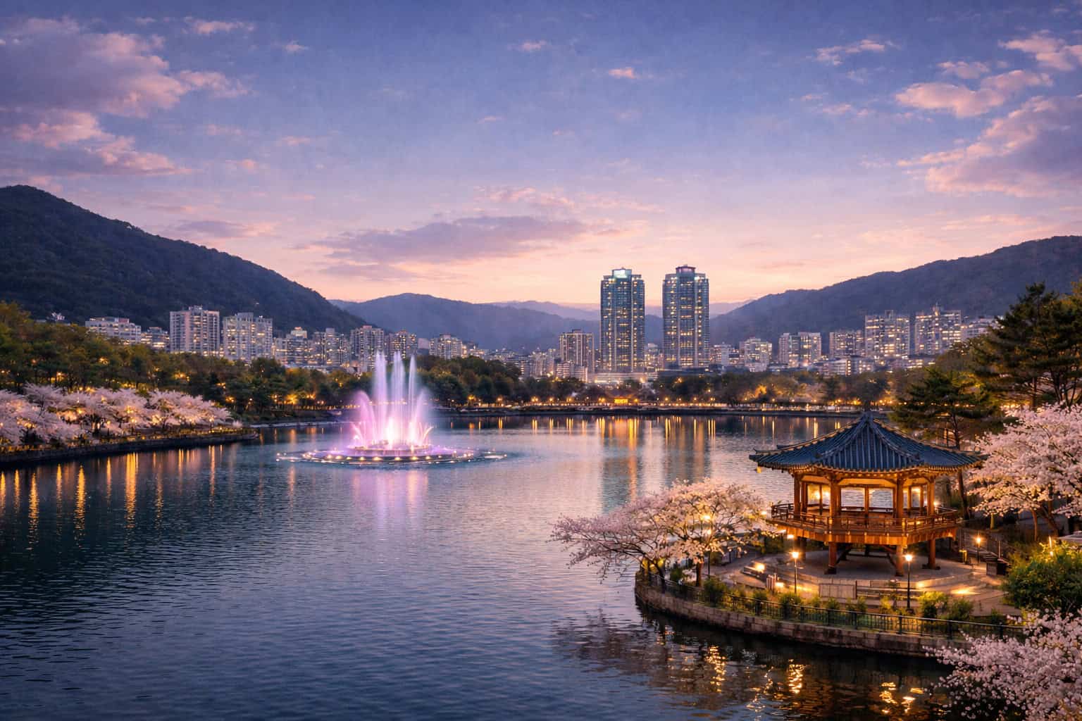 Night view of Yongji Lake Park in Changwon, South Korea, with the illuminated music fountain and lakeside pavilion reflecting on the water.