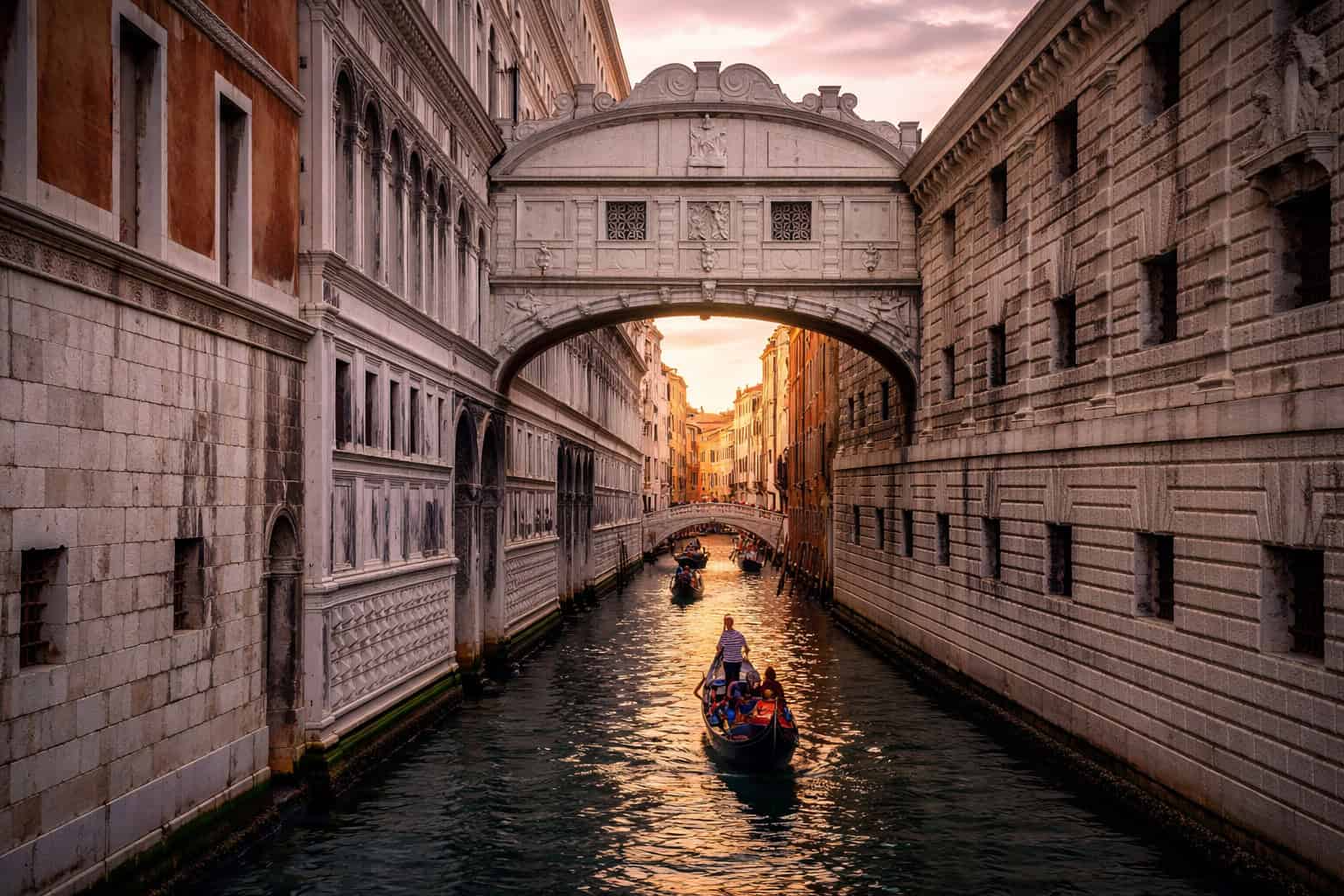 Bridge of Sighs Venice at sunset with gondola passing underneath