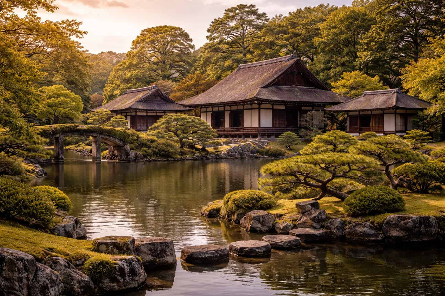 Katsura Imperial Villa garden and pond in Kyoto