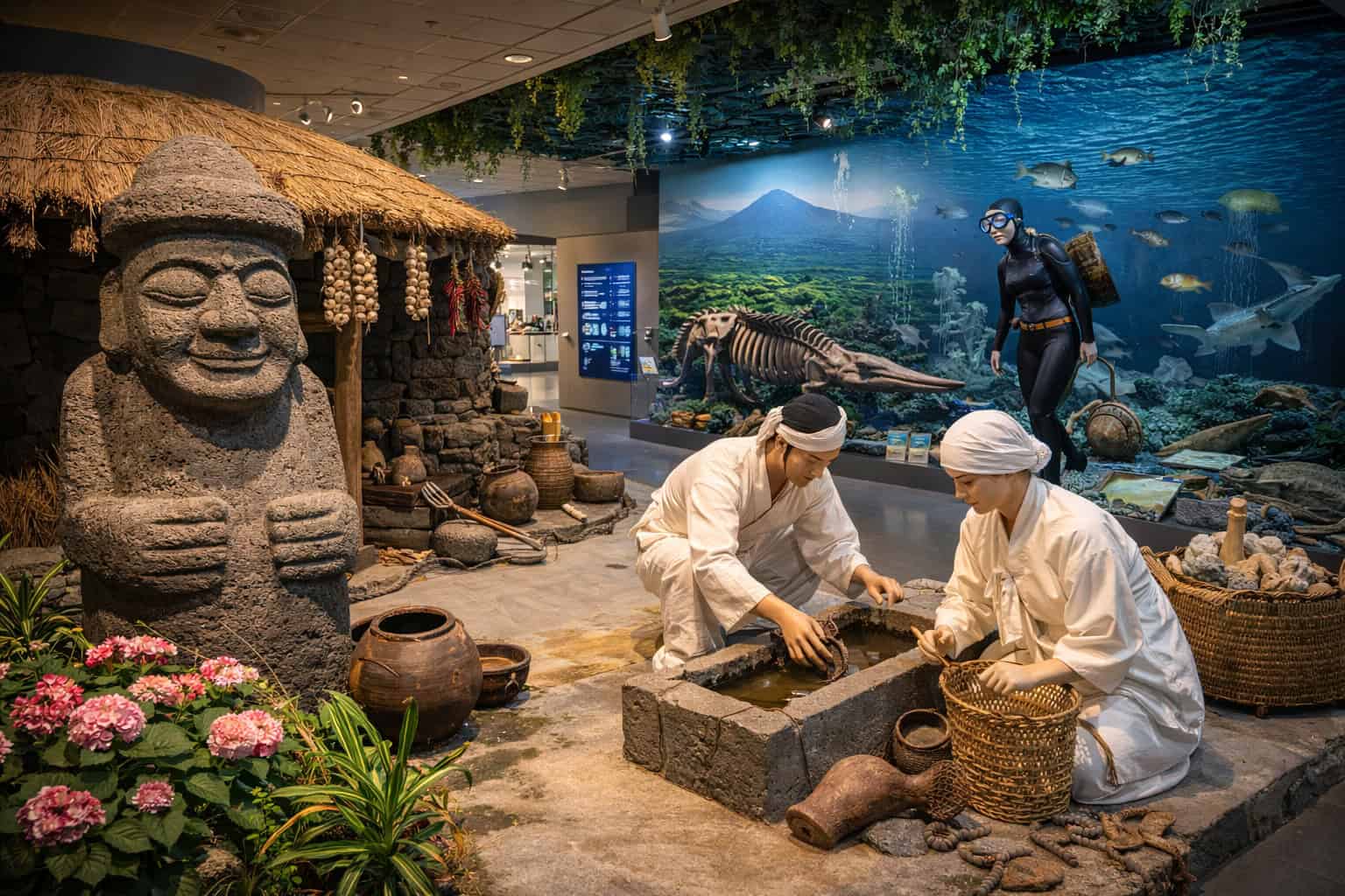 Jeju Folklore & Natural History Museum interior with traditional stone statues and cultural exhibits in Jeju City