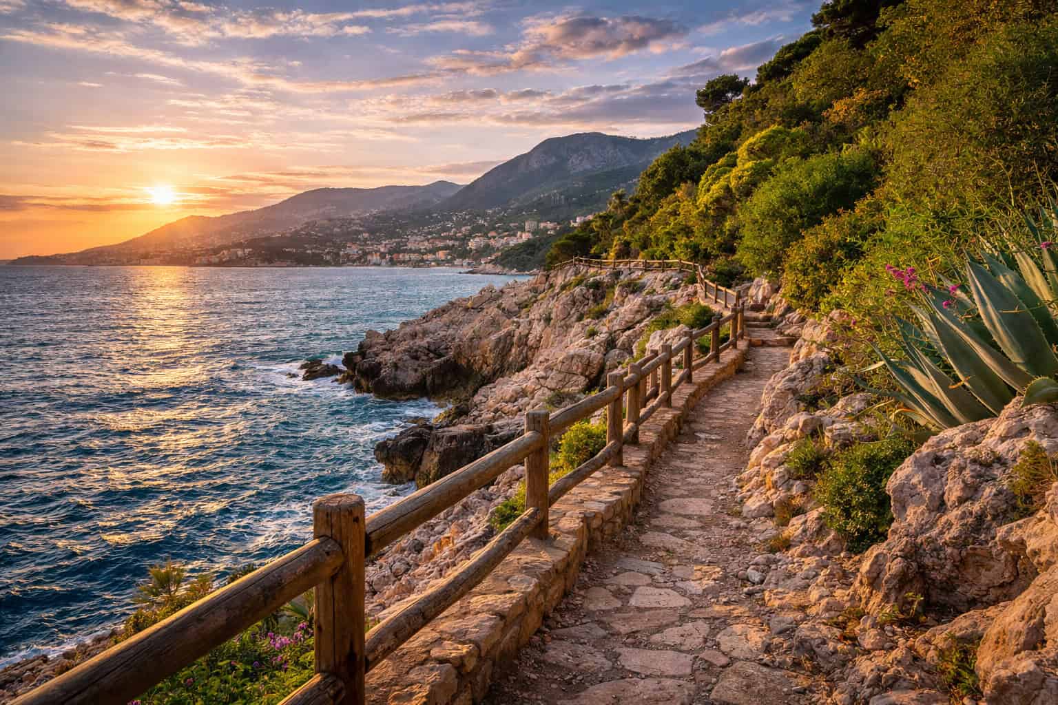 Cap-Ferrat Coastal Path at sunset with rocky seaside trail and Mediterranean views in Saint-Jean-Cap-Ferrat, French Riviera
