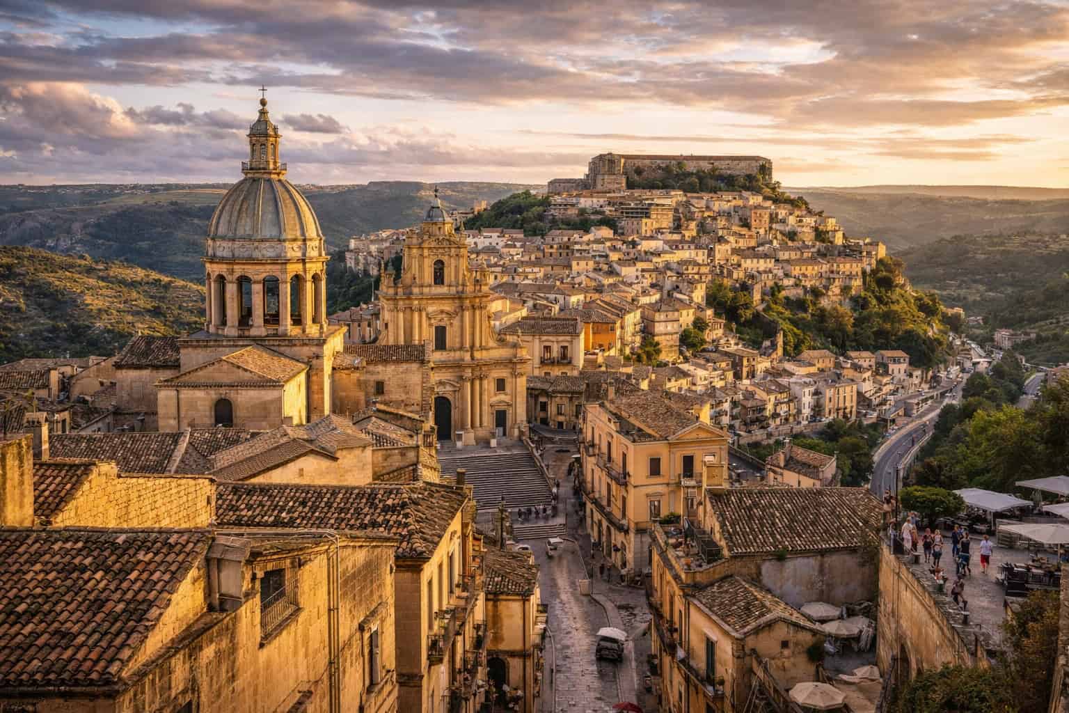 Golden hour view over Ragusa Ibla’s Baroque rooftops in Sicily, Italy