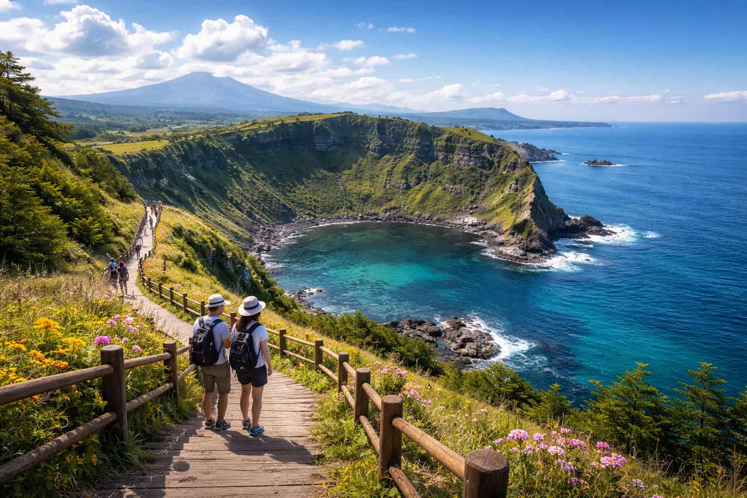Songaksan Seogwipo coastal crater trail with ocean cliffs and volcanic coastline in Jeju Island South Korea