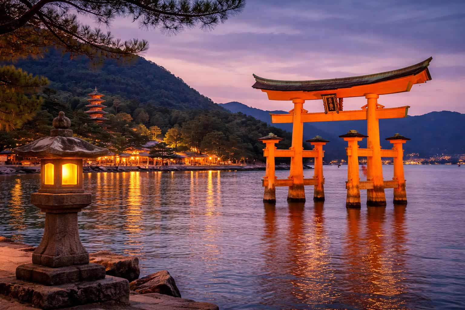 Itsukushima Shrine floating torii gate at sunset on Miyajima Island, Hiroshima Japan