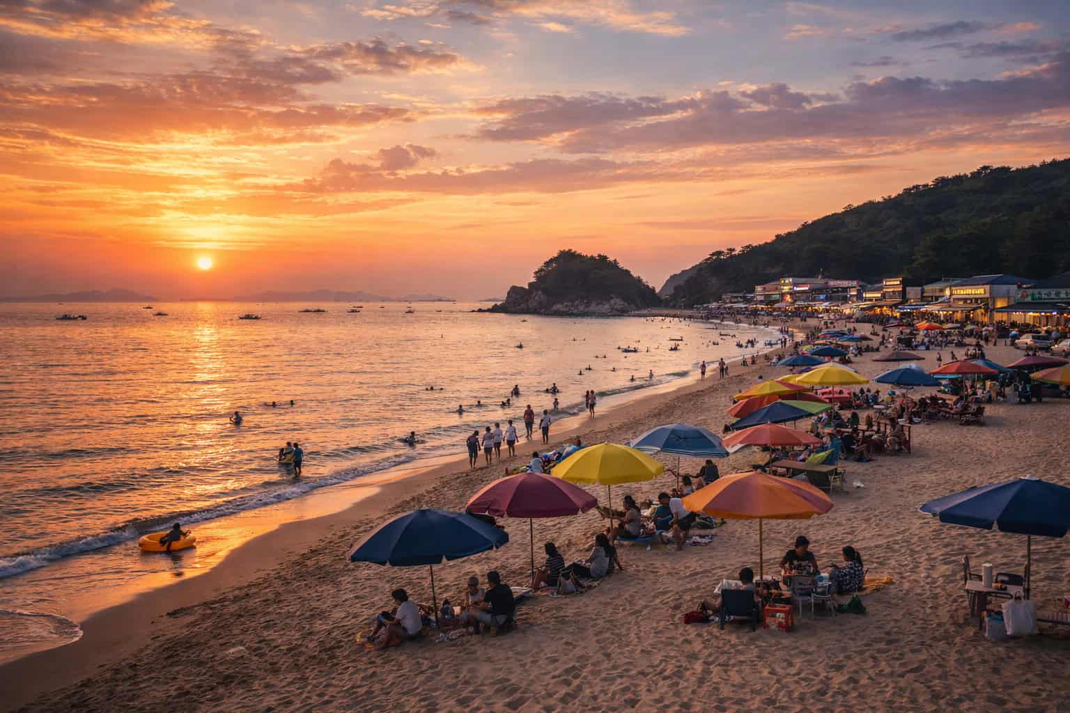 Eulwangni Beach sunset with colorful umbrellas and visitors along the shoreline