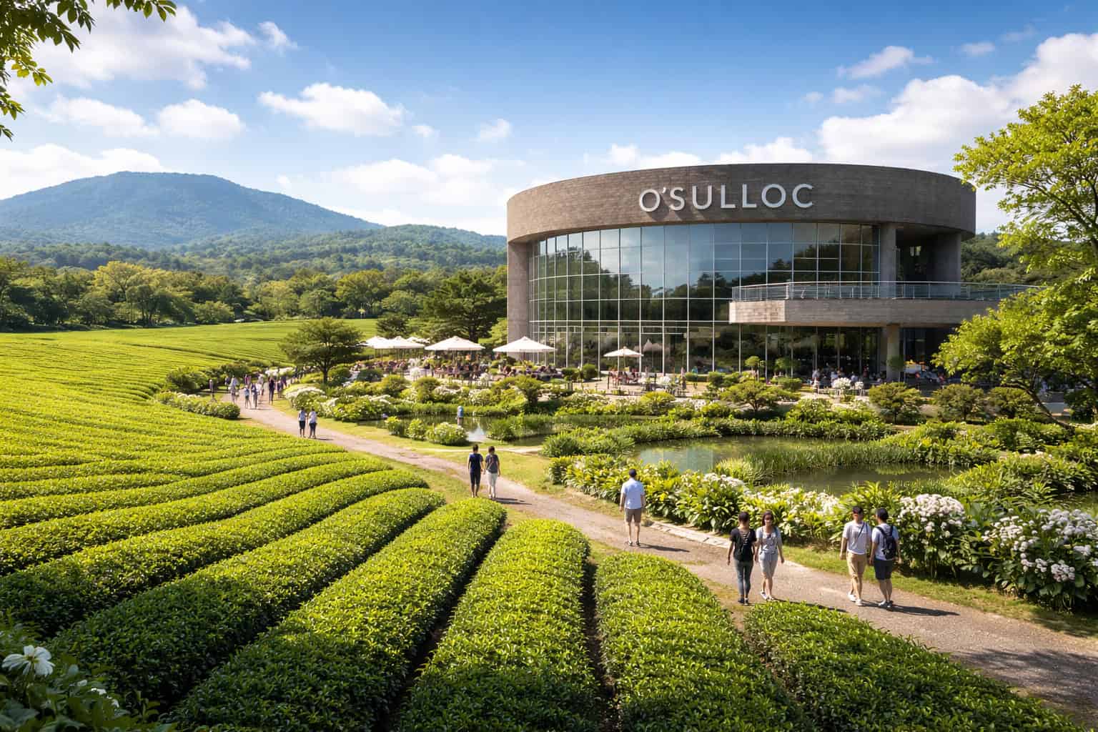 O’sulloc Tea Museum in Jeju surrounded by green tea fields and visitors walking through the plantation