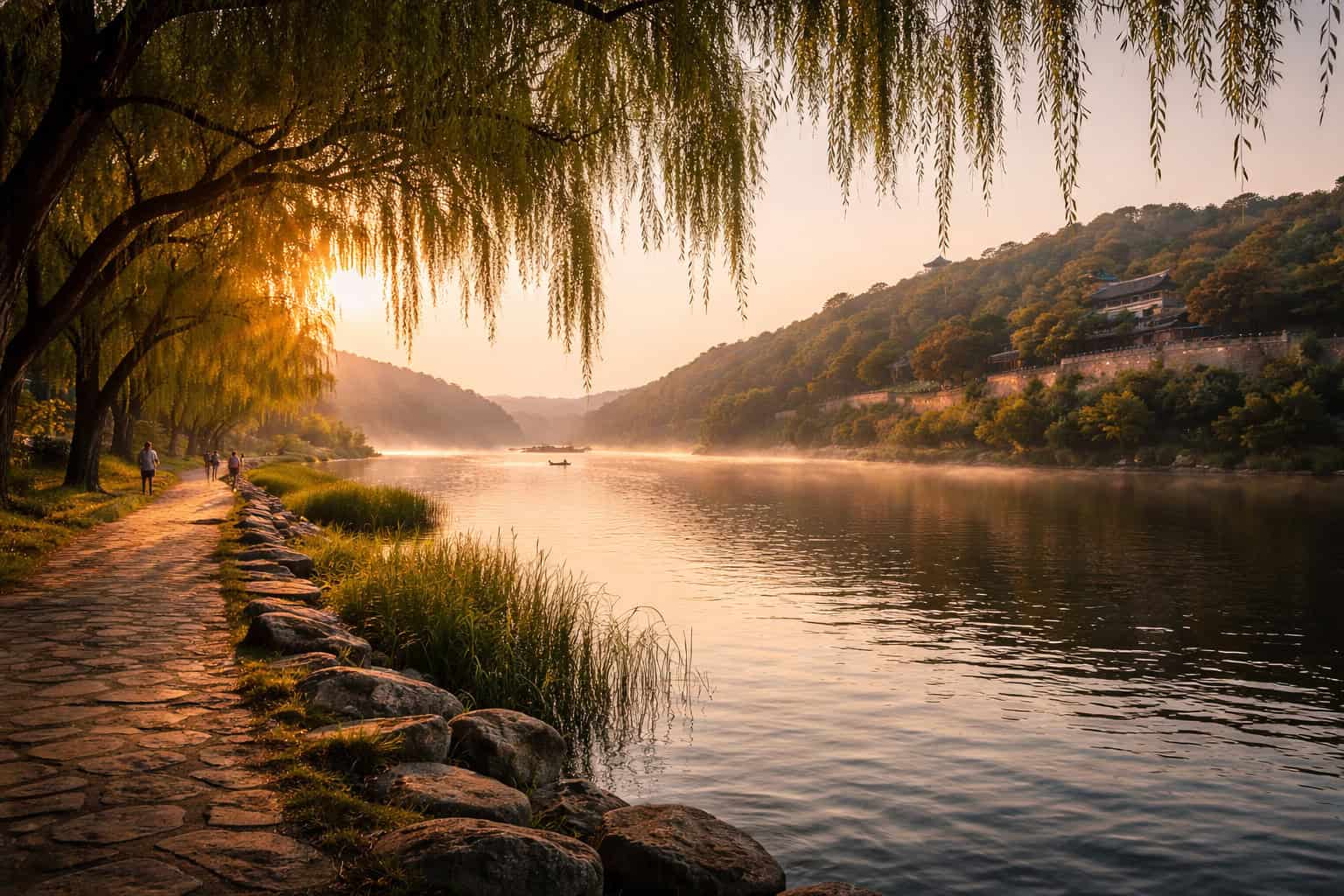 Traveler walking along the Baengma River in Buyeo on a calm morning, South Korea