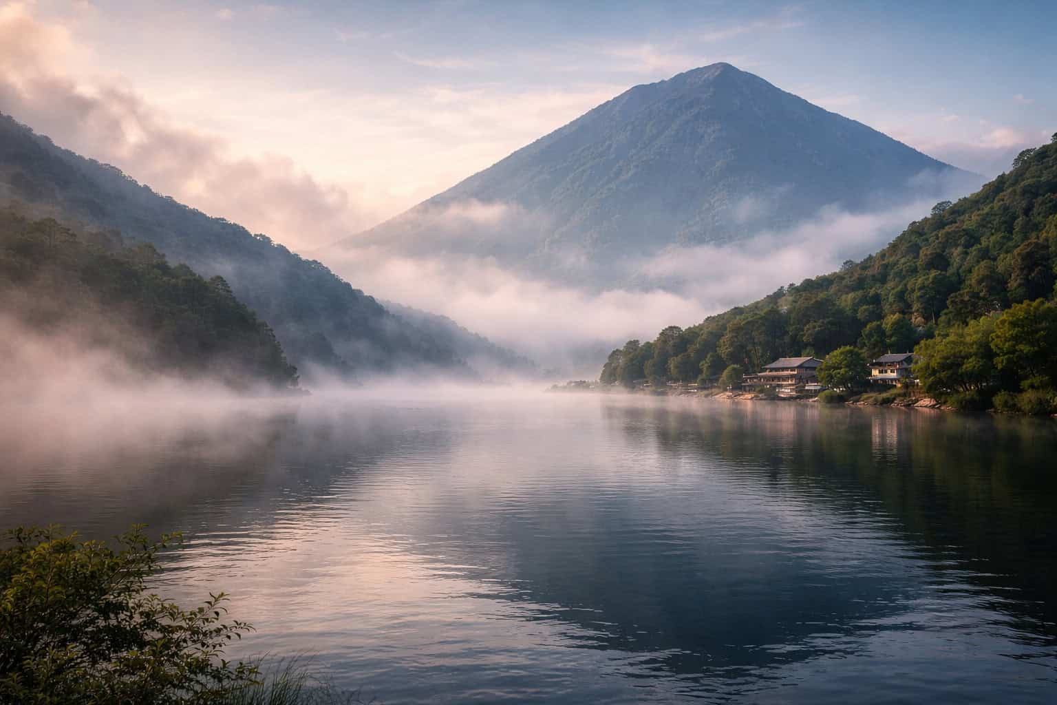 Misty morning over Lake Chuzenji with Mount Nantai reflected in calm water, Nikko, Japan.