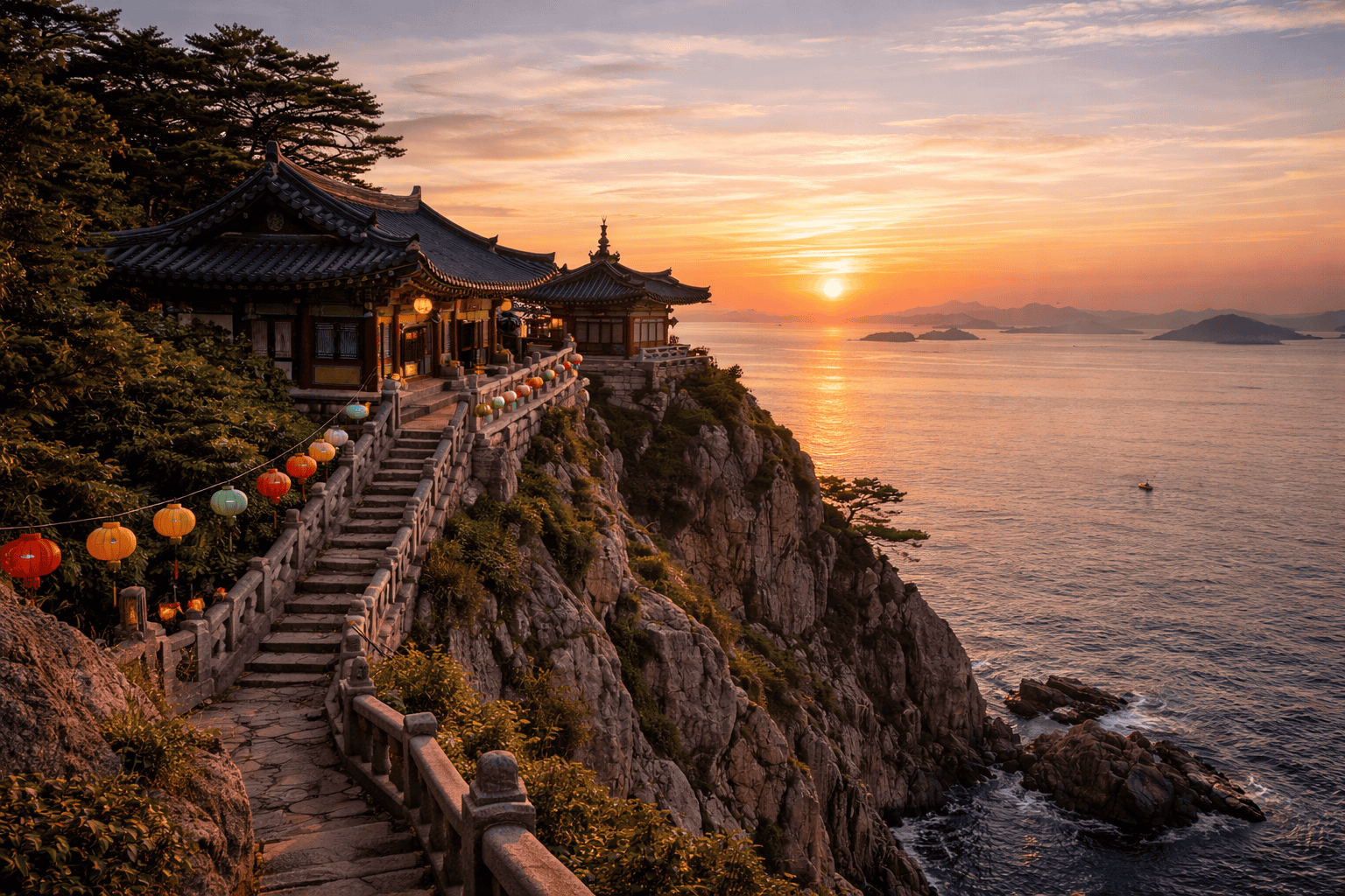 Hyangiram Hermitage at sunrise in Yeosu, cliffside Buddhist temple overlooking the South Sea