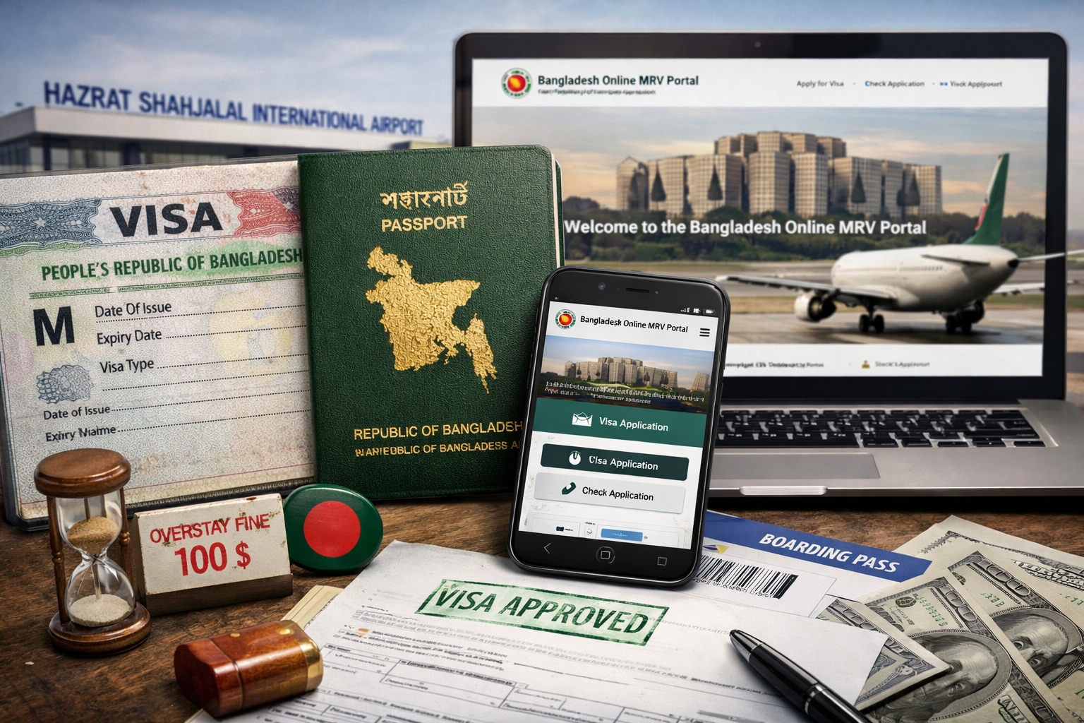 Bangladesh visa application process with passport, visa approval stamp, airport background and official visa portal on screen