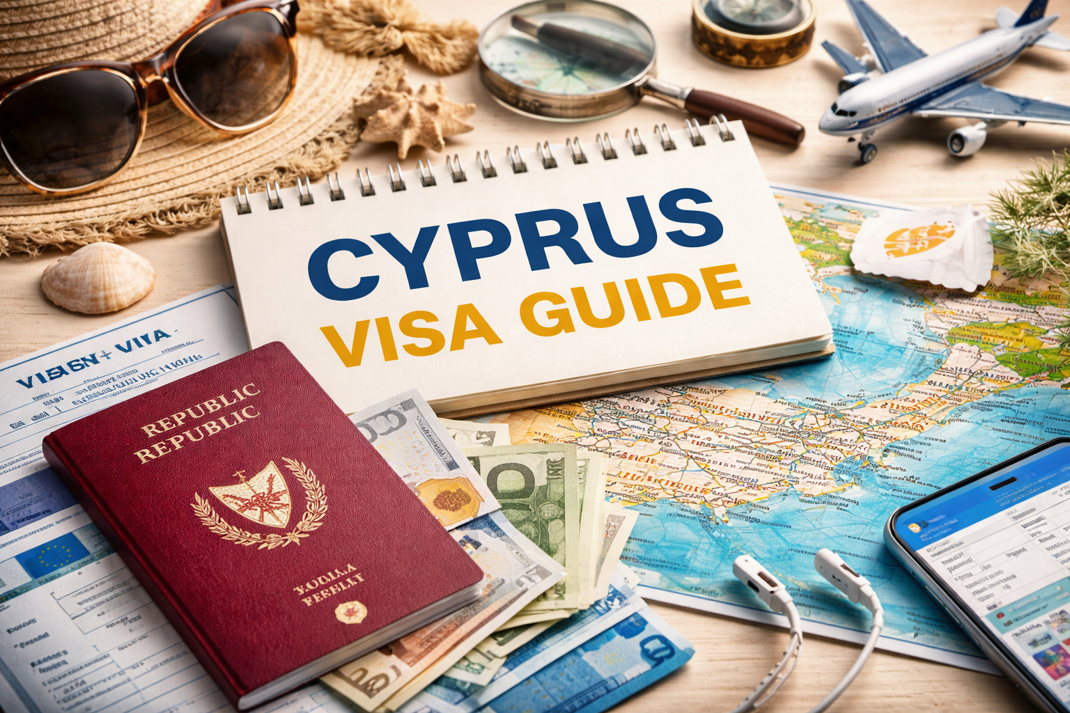 Cyprus visa guide concept with passport, airplane ticket, euro currency, smartphone, and travel map on a wooden desk