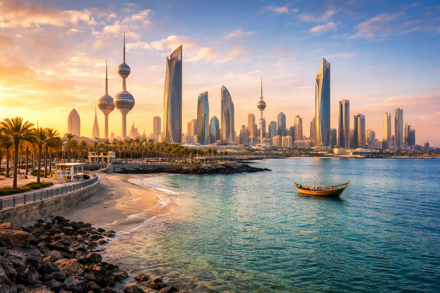 Kuwait City skyline at sunset with the Kuwait Towers beside the Arabian Gulf