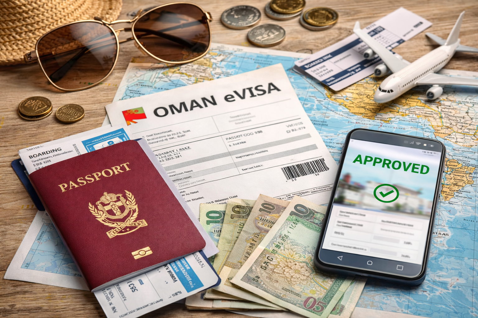 Oman Visa Guide flat lay with passport, Omani rial, travel documents and smartphone on map background