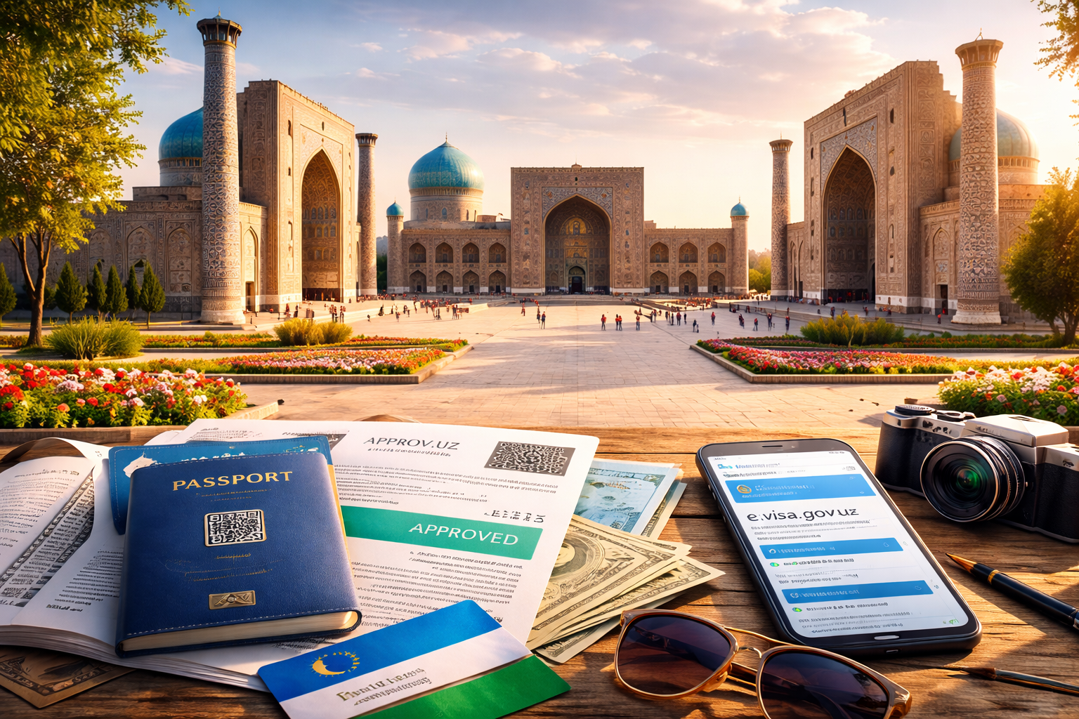 amarkand Registan Square at sunset with passport, approved Uzbekistan e-visa document, and travel essentials in foreground