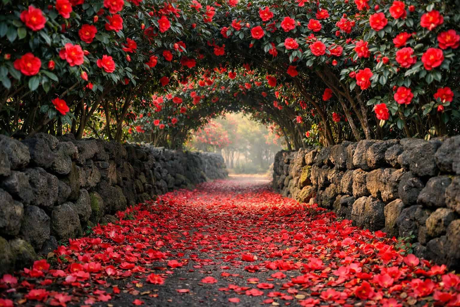 A stone pathway covered in red camellia petals leading through a vibrant camellia flower tunnel with soft natural light at the end.