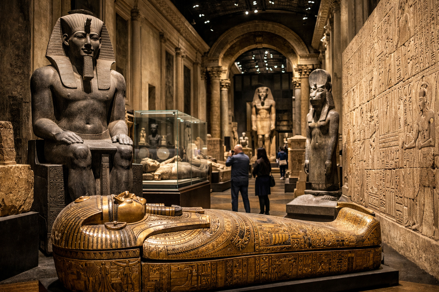 Turin Egyptian Museum interior with ancient Egyptian statues and sarcophagus in Turin Italy
