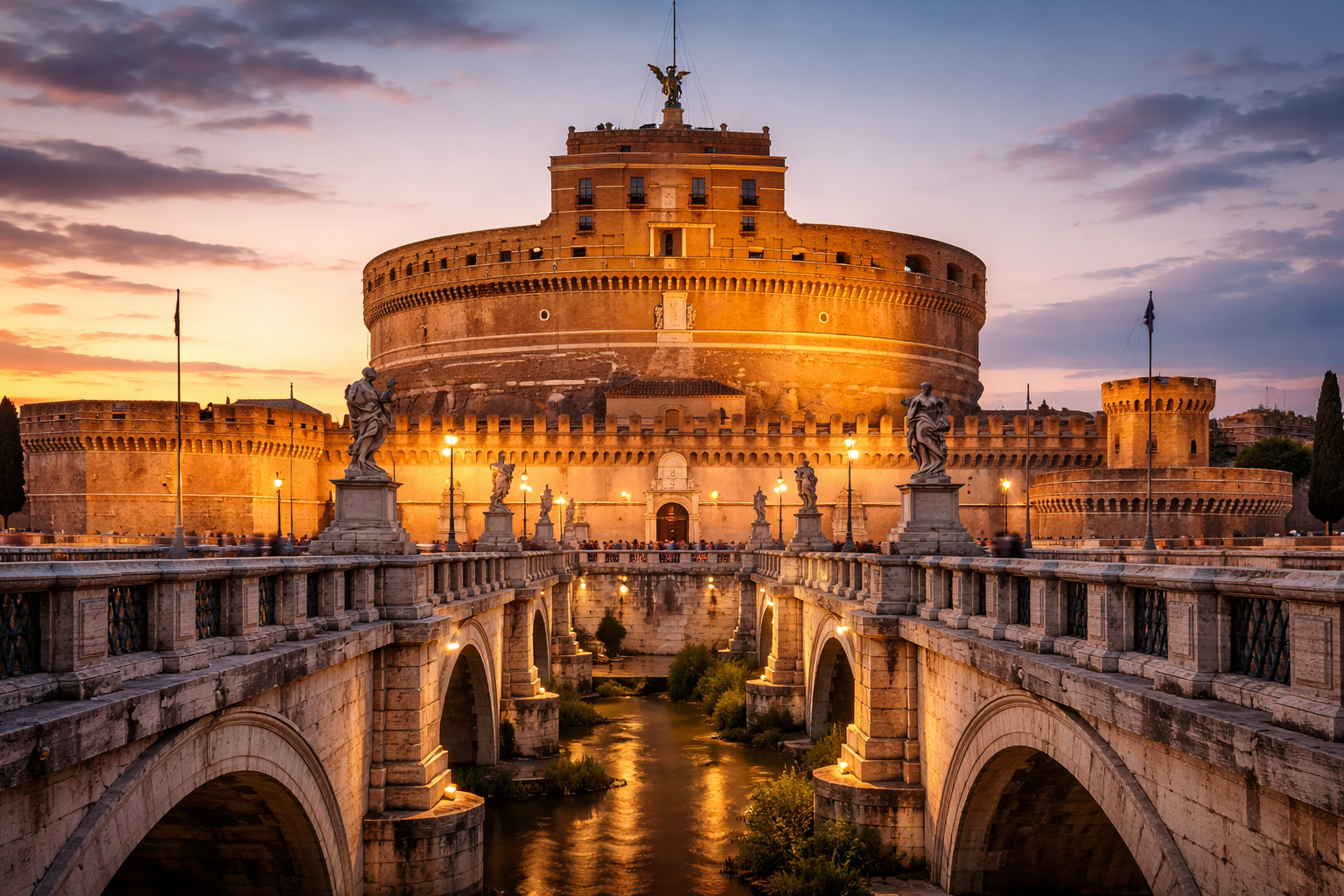 Castel Sant'Angelo Rome fortress and Ponte Sant'Angelo bridge at sunset over the Tiber River