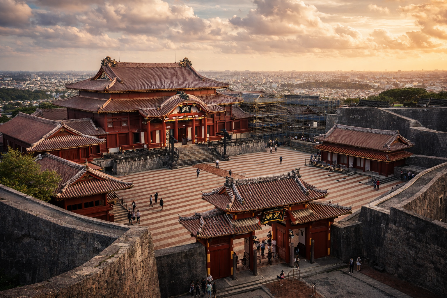 Shuri Castle Okinawa royal palace courtyard and Seiden hall at sunset in Naha Japan