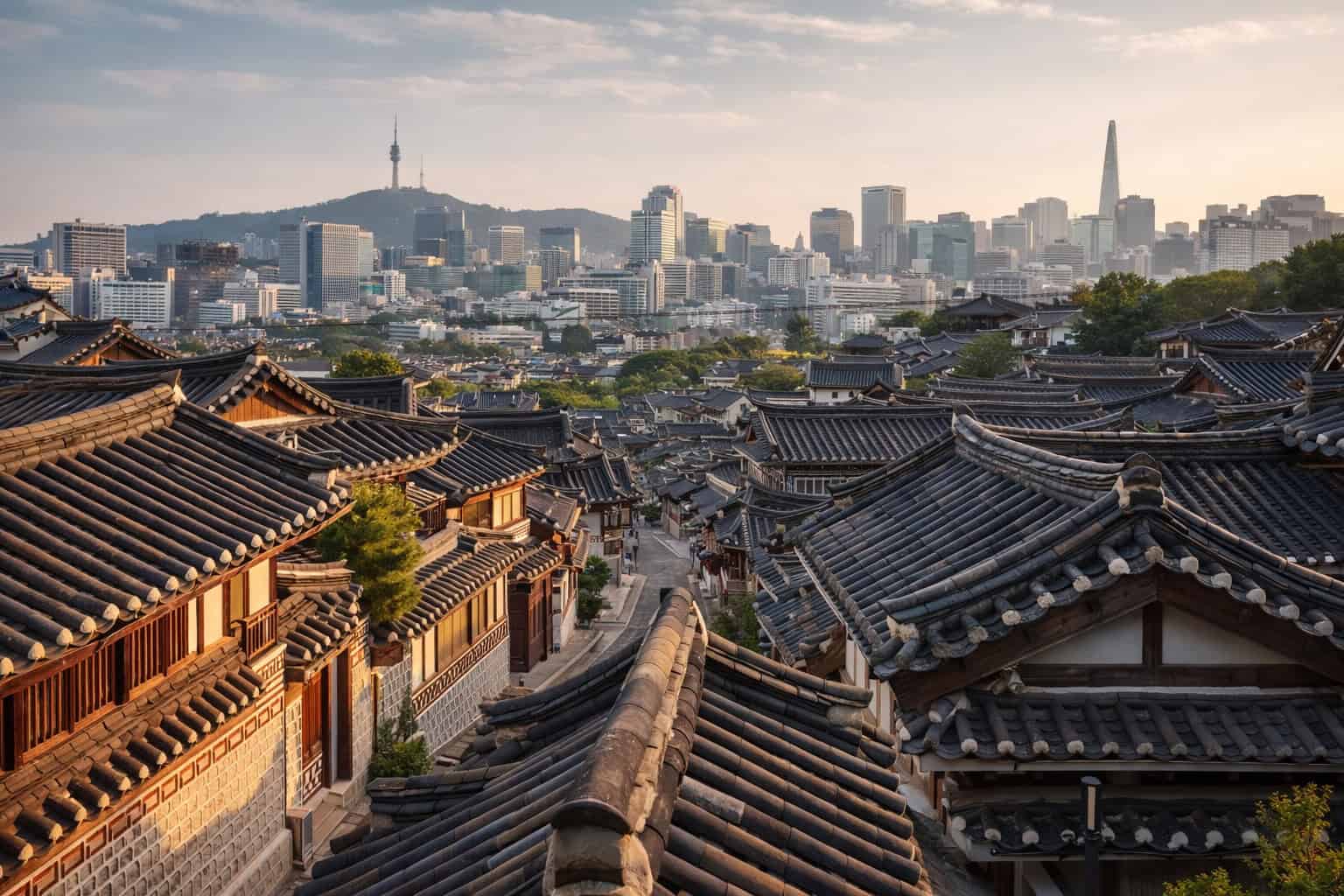Bukchon Hanok Village rooftops with traditional Korean hanok houses and Seoul skyline view