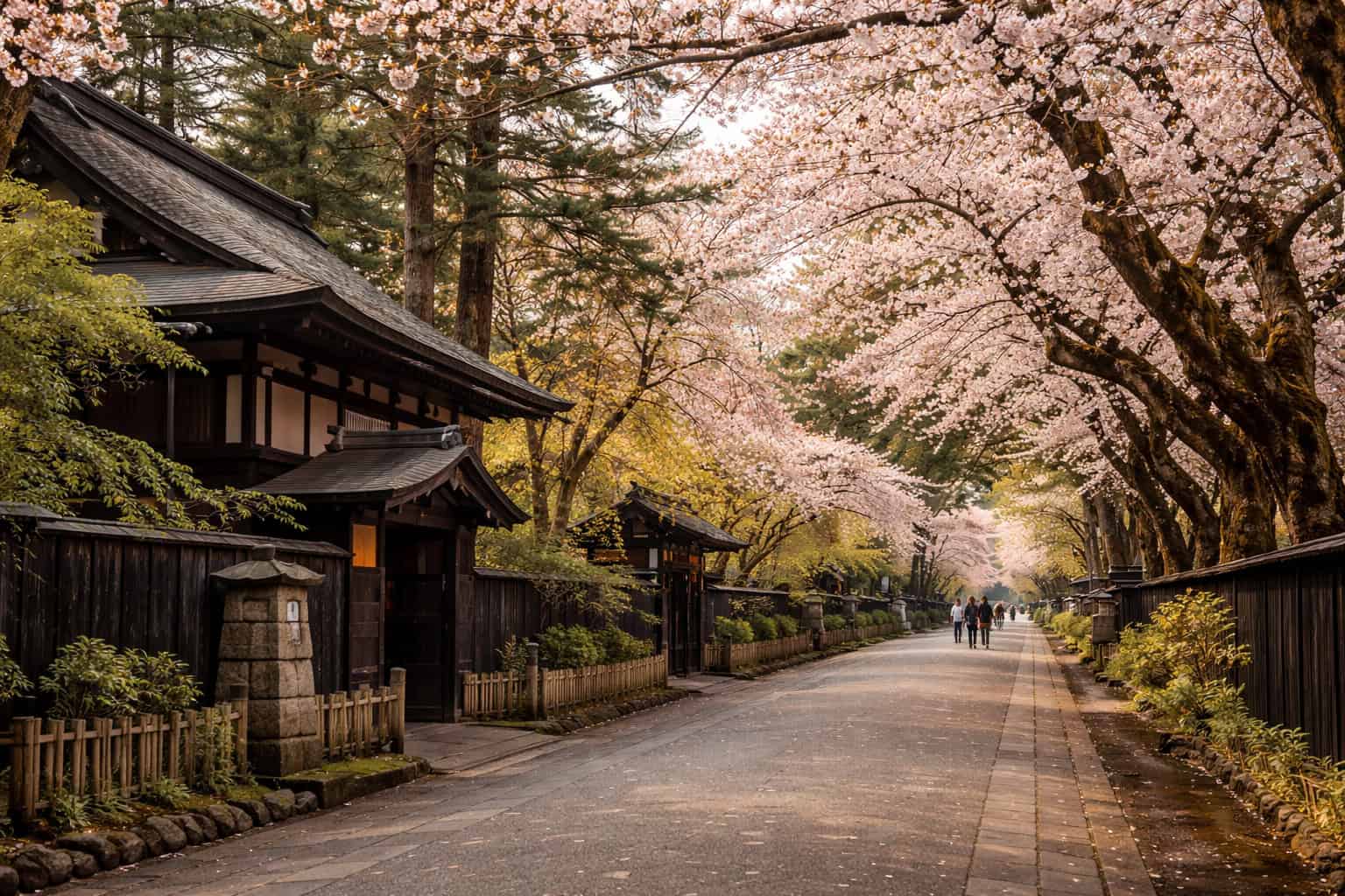 Kakunodate Samurai District cherry blossom street in Akita Japan