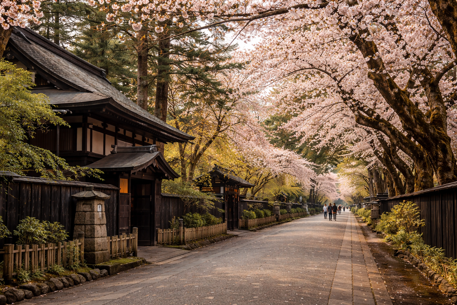 Kakunodate Samurai District cherry blossom street in Akita Japan